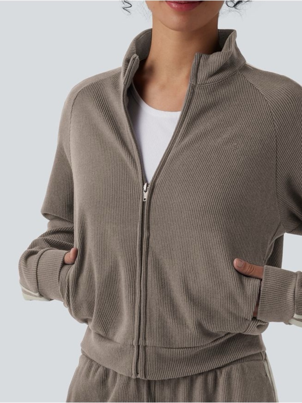 HALARA Taupe Ribbed Zip-Up Jacket